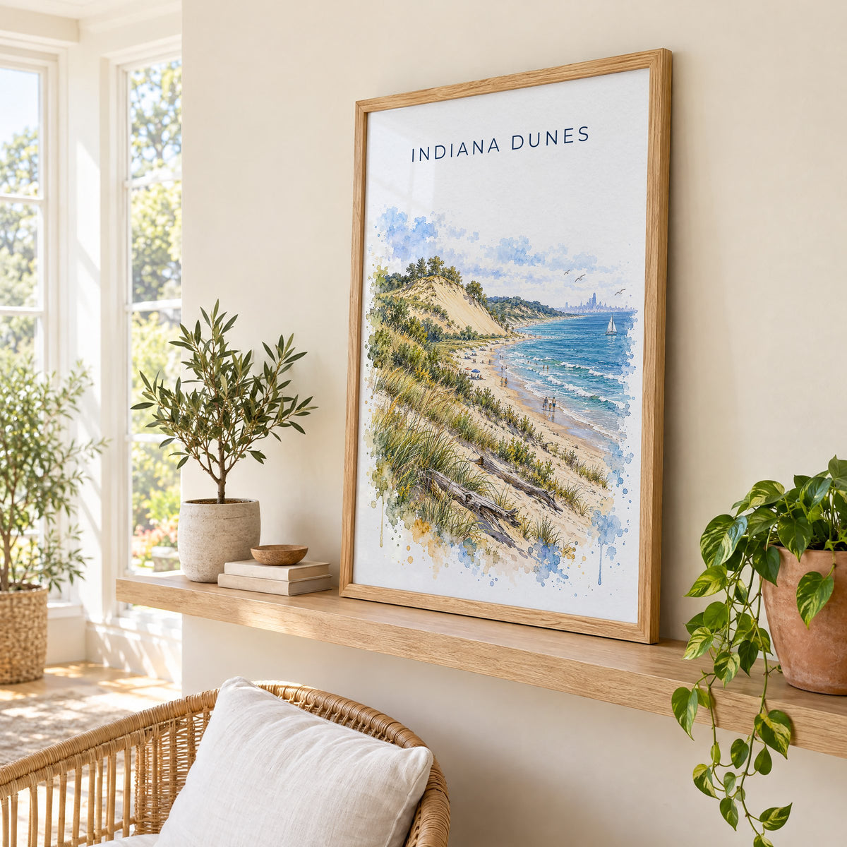 Indiana Dunes National Park watercolor print in an oak frame on a picture ledge in a sunlit sunroom