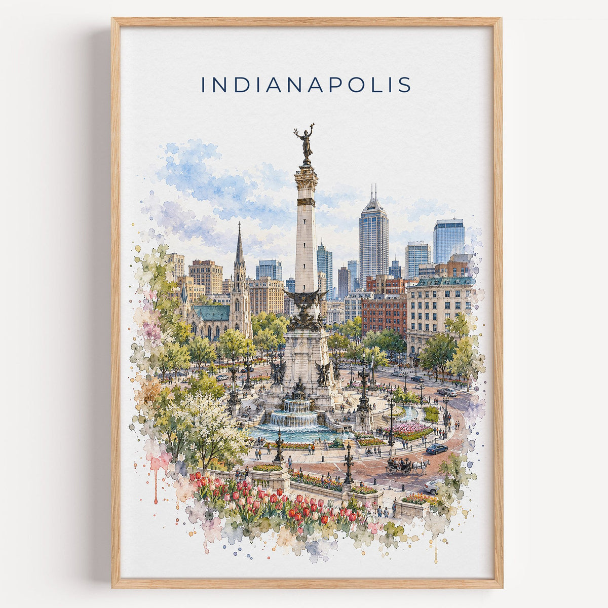 Indianapolis watercolor print in a light oak frame on a plain white wall
