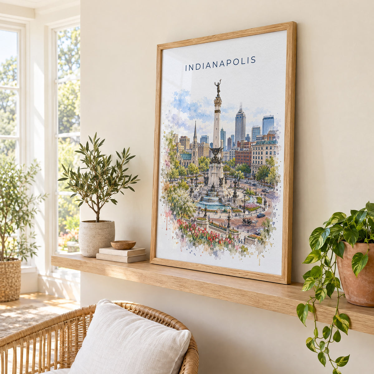 Indianapolis watercolor print in an oak frame on a picture ledge in a sunlit sunroom