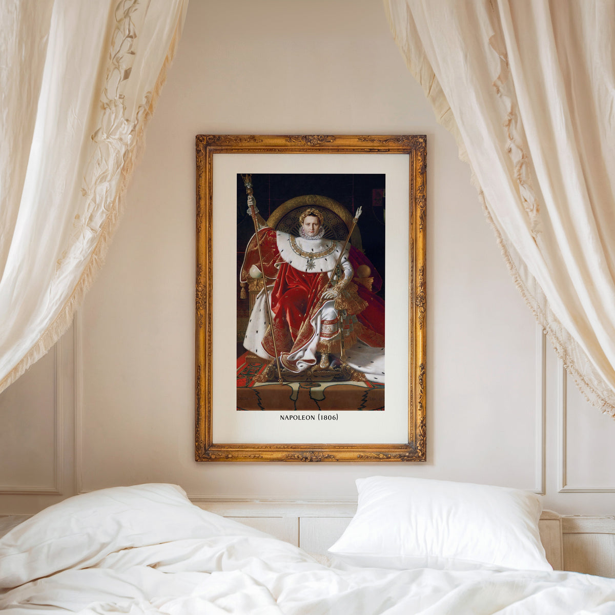 Imperial portrait print shown in an ornate gold frame above a canopy bed