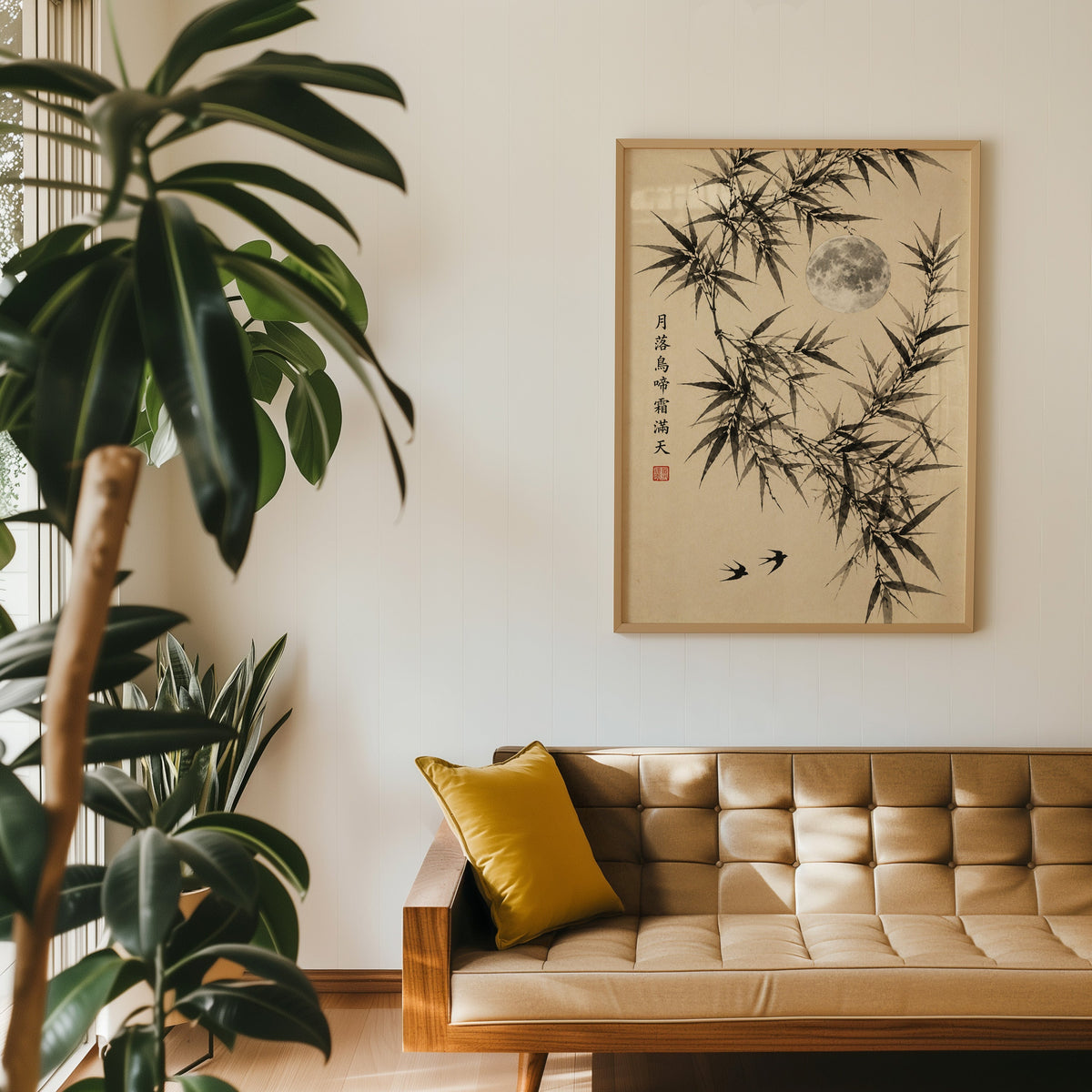 ink bamboo, full moon and swallows print in an oak frame above a tan tufted leather sofa with a mustard cushion