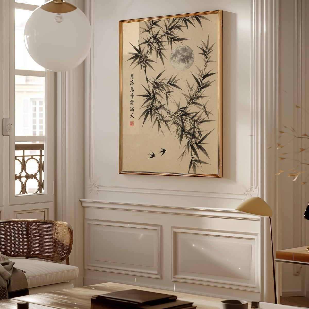 ink bamboo, full moon and swallows print shown in a gold frame on a paneled wall in a Parisian-style living room