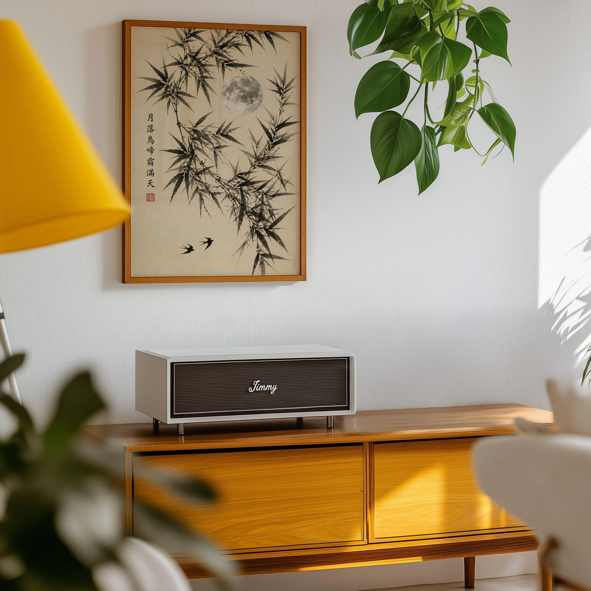 ink bamboo, full moon and swallows print in an oak frame above a teak mid-century sideboard with trailing pothos