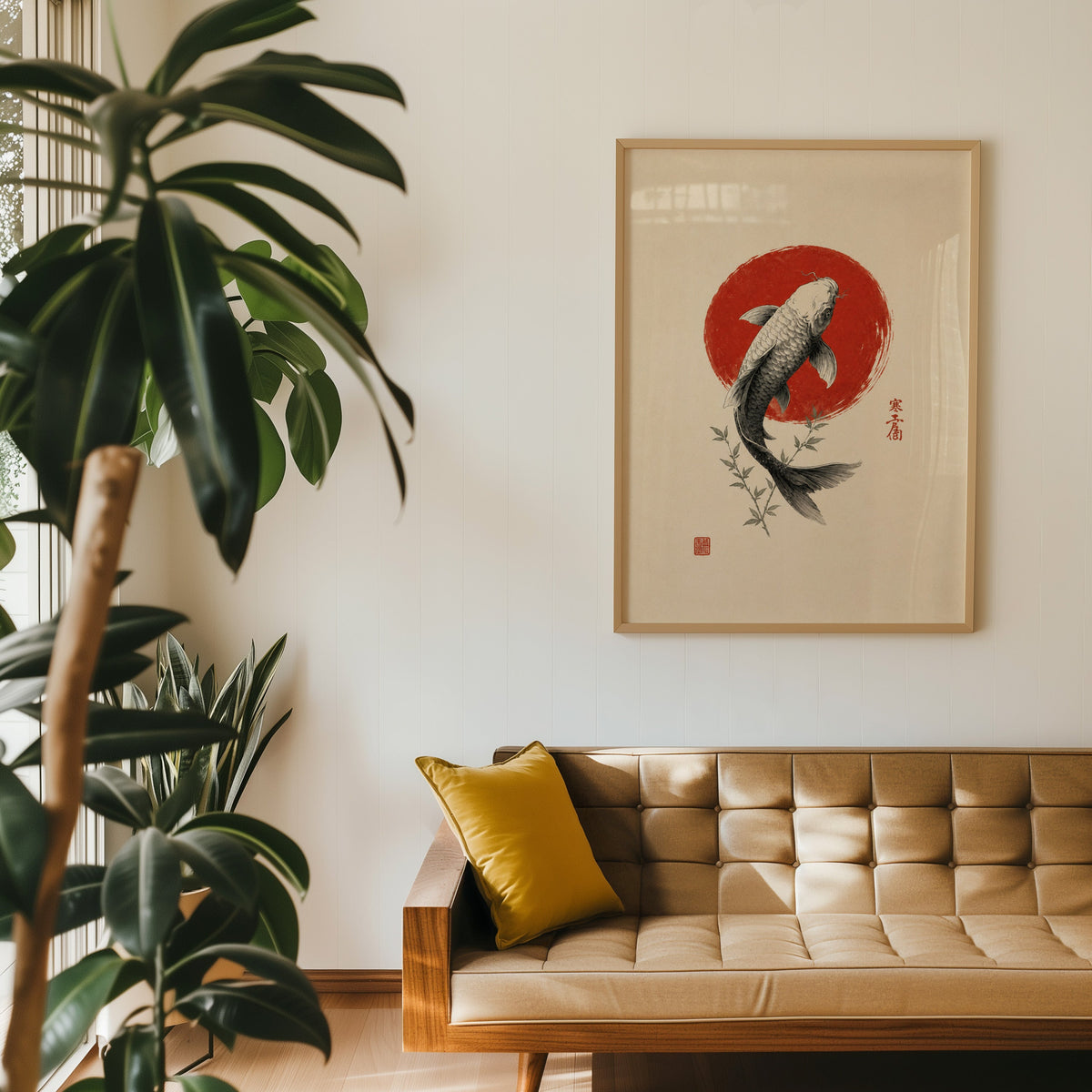 ink koi fish in red circle print in an oak frame above a tan tufted leather sofa with a mustard cushion