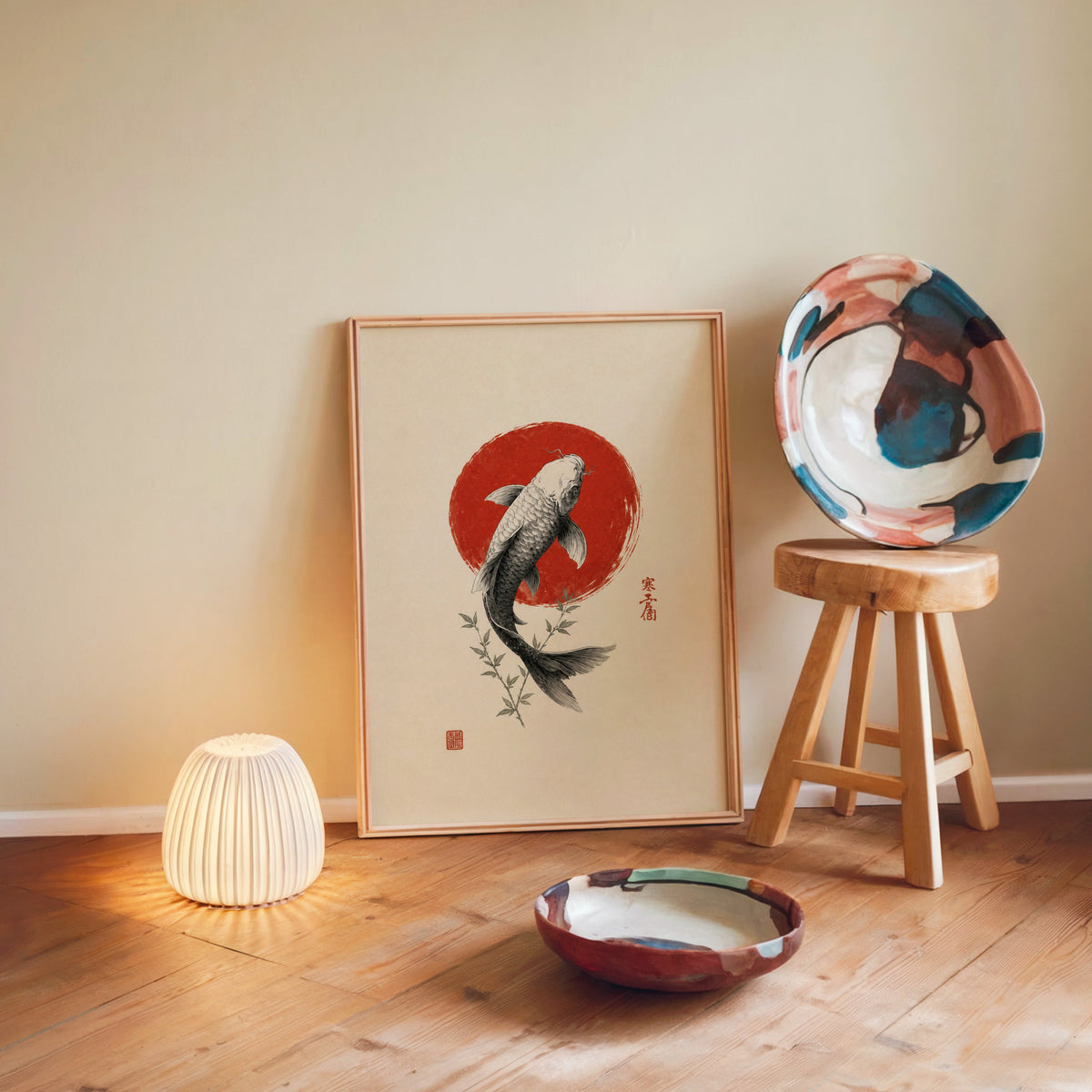ink koi fish in red circle print in a light wood frame leaning on a wooden floor by a glowing lamp and stool