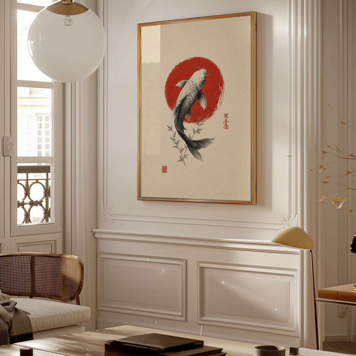 ink koi fish in red circle print shown in a gold frame on a paneled wall in a Parisian-style living room