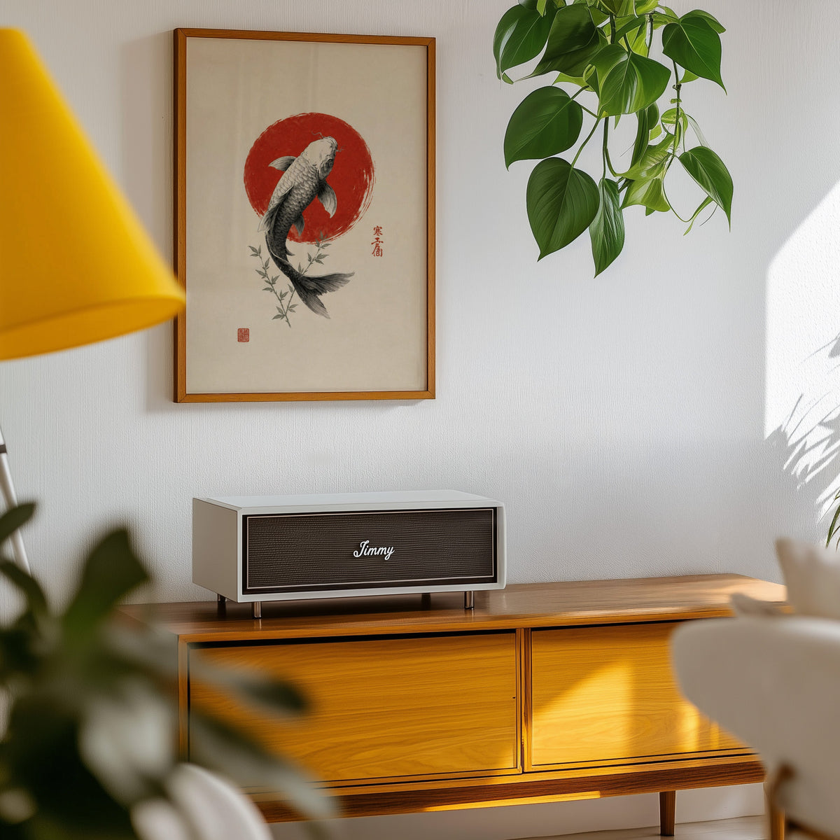 ink koi fish in red circle print in an oak frame above a teak mid-century sideboard with trailing pothos
