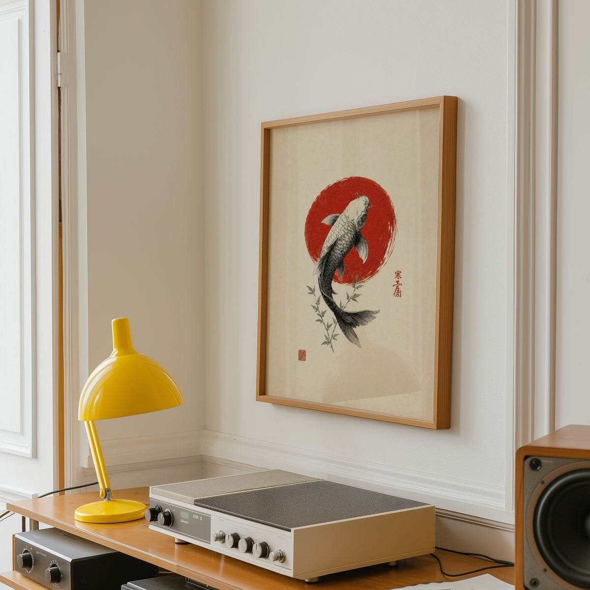 ink koi fish in red circle print in an oak frame above a vintage hi-fi shelf with a yellow desk lamp