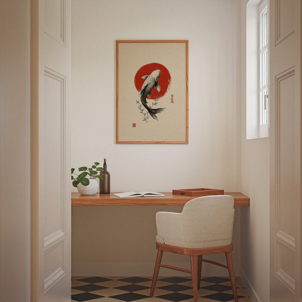 ink koi fish in red circle print in an oak frame above a wall-mounted desk in a home office nook