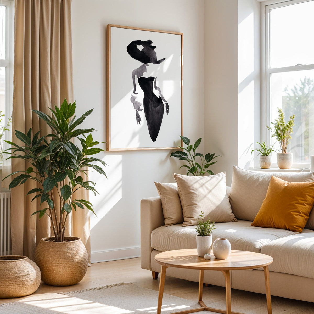 Ink wash woman in fitted black dress print in an oak frame above a cream sofa beside woven planters