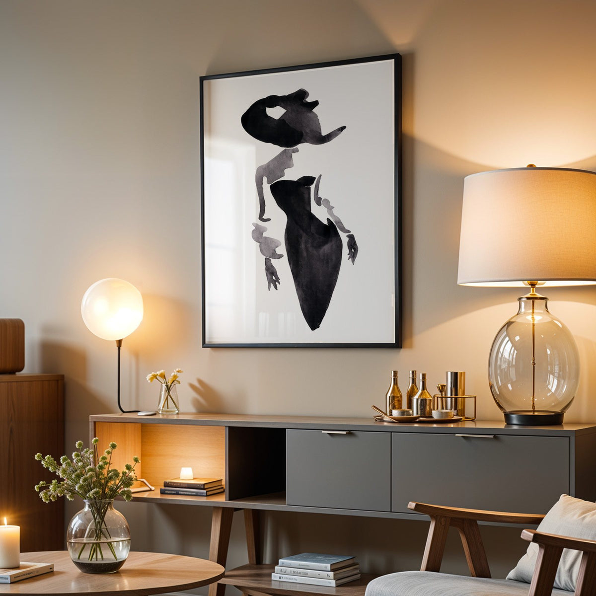 Ink wash woman in fitted black dress print in a black frame above a grey media console with a glass table lamp