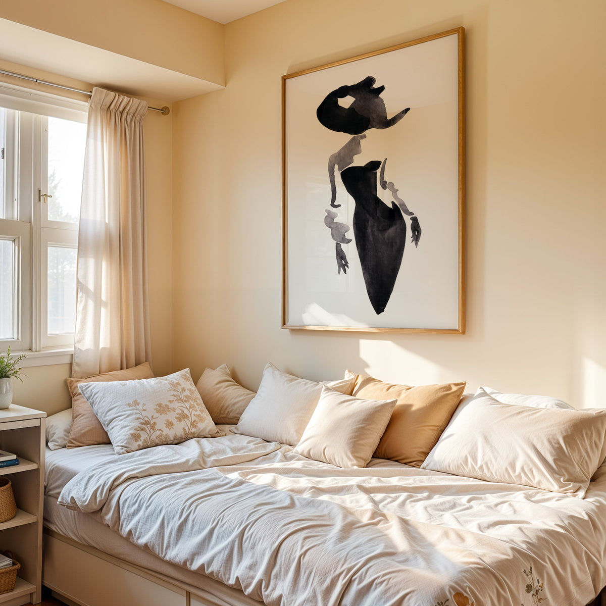 Ink wash woman in fitted black dress print in an oak frame above a cream daybed in a sunny bedroom