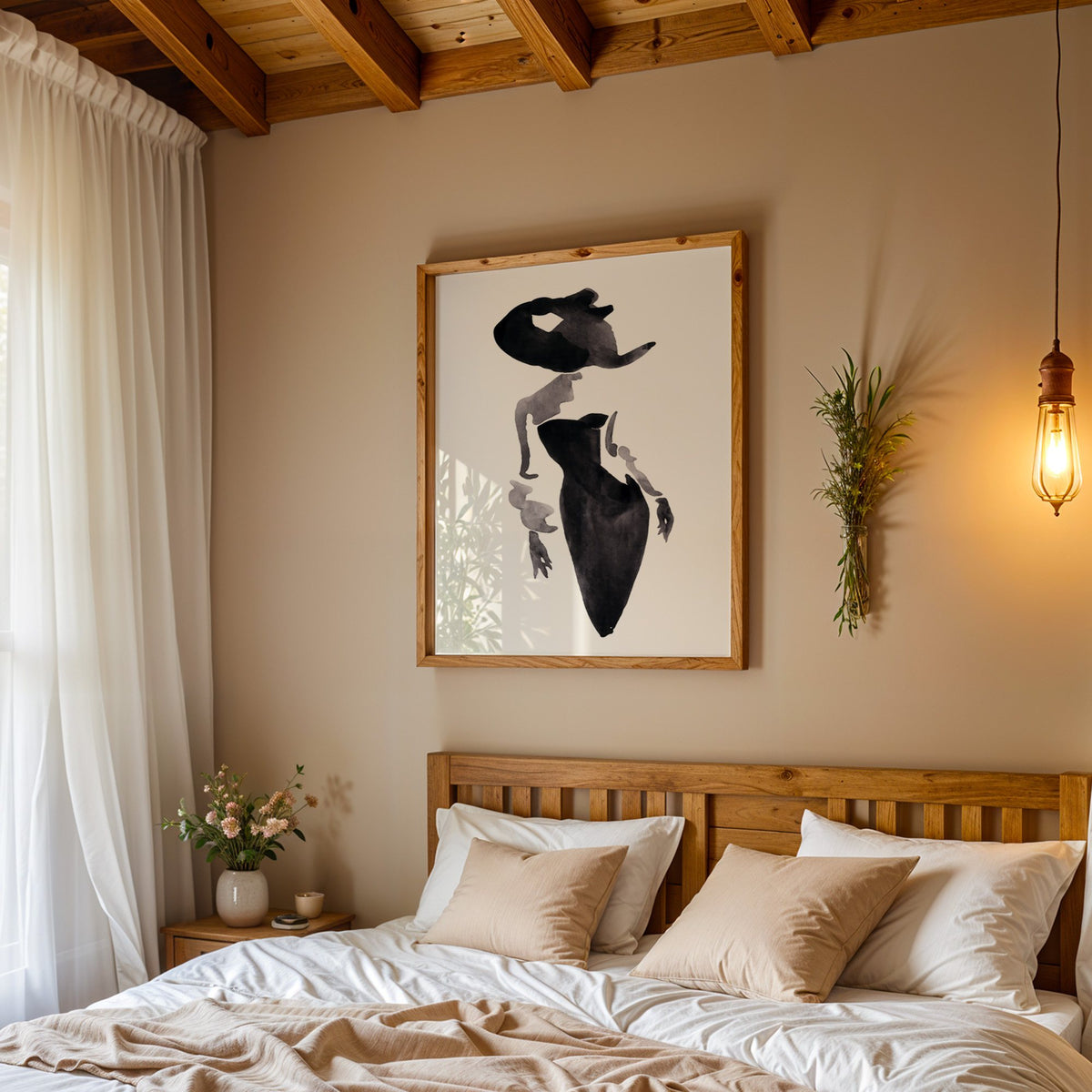 Ink wash woman in fitted black dress print in a pine frame above a wood headboard bed under a pendant bulb