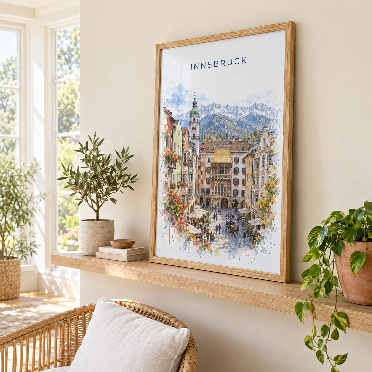 Innsbruck watercolor print in an oak frame on a picture ledge in a sunlit sunroom
