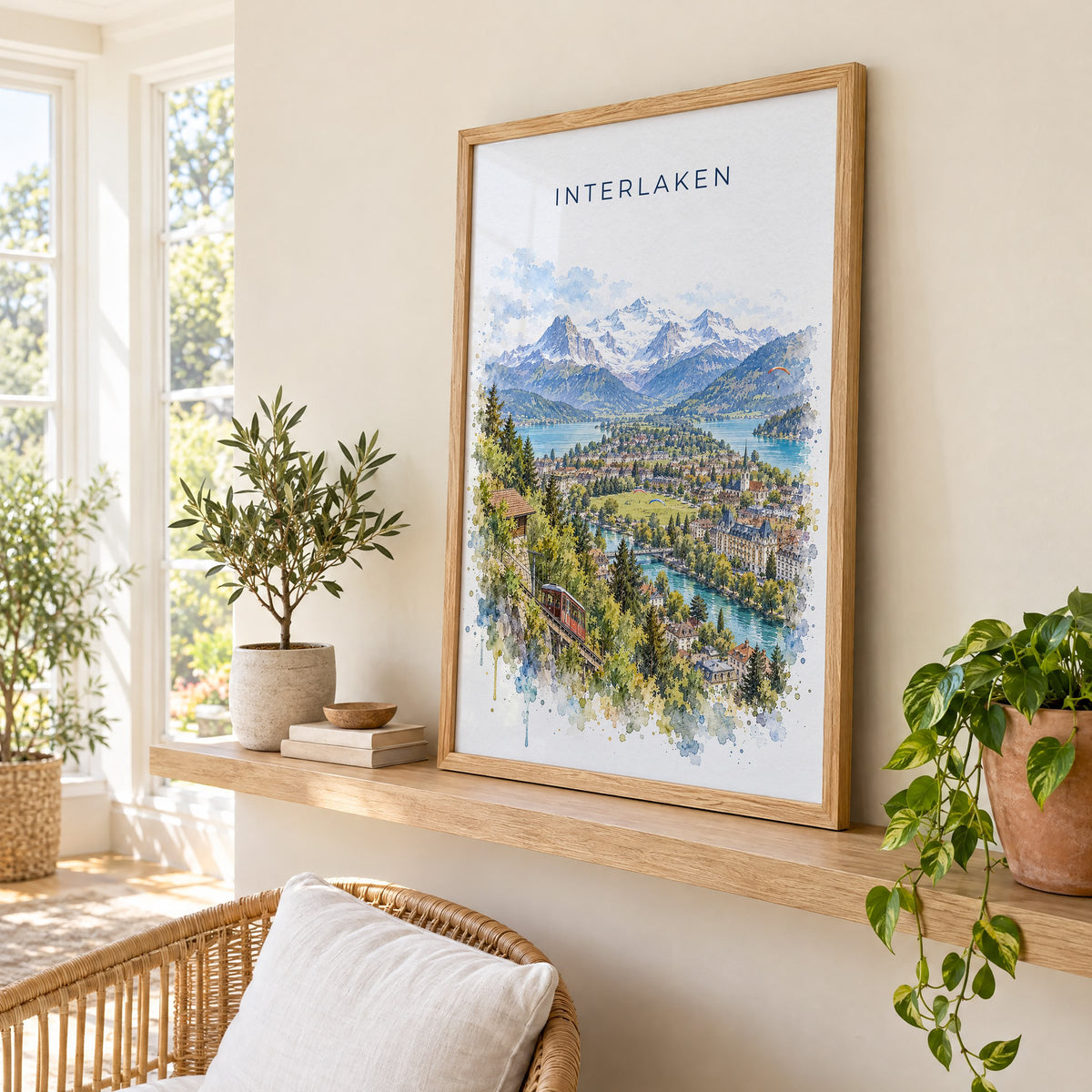 Interlaken watercolor print in an oak frame on a picture ledge in a sunlit sunroom