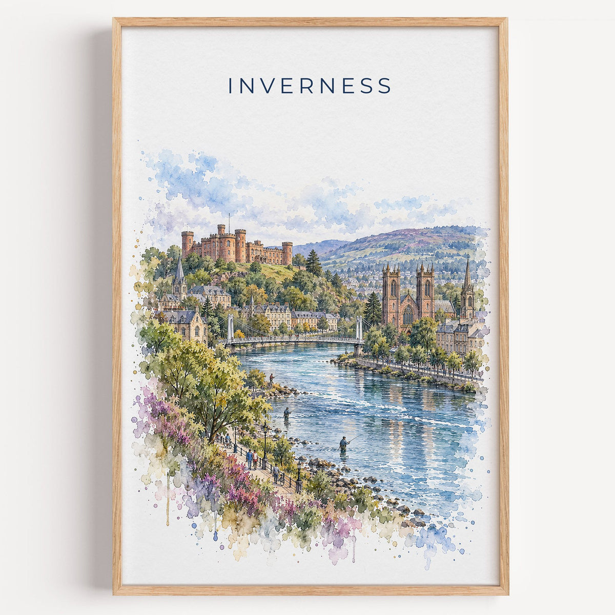 Inverness watercolor print in a light oak frame on a plain white wall