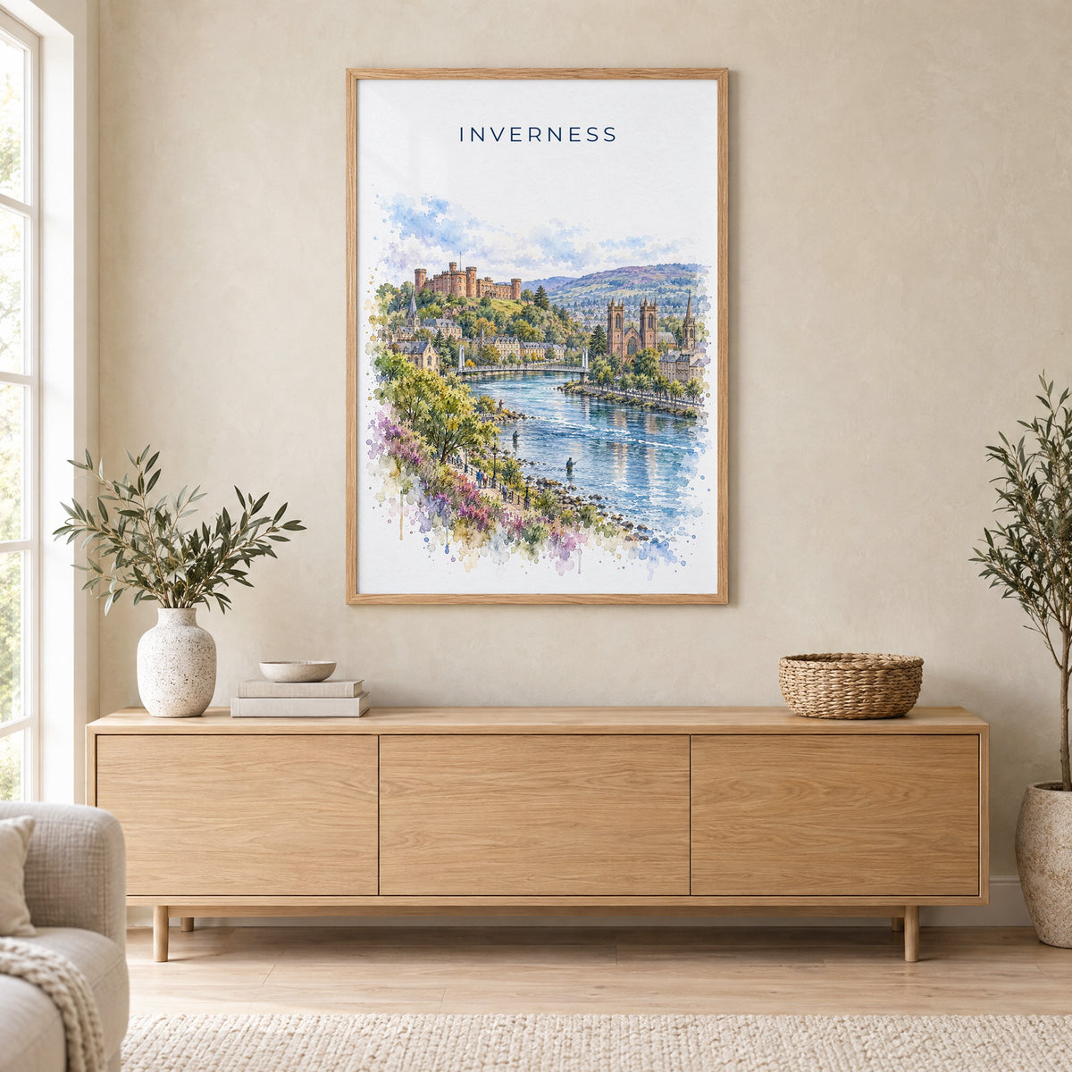 Inverness watercolor print in an oak frame above a light wood sideboard in a Scandinavian living room