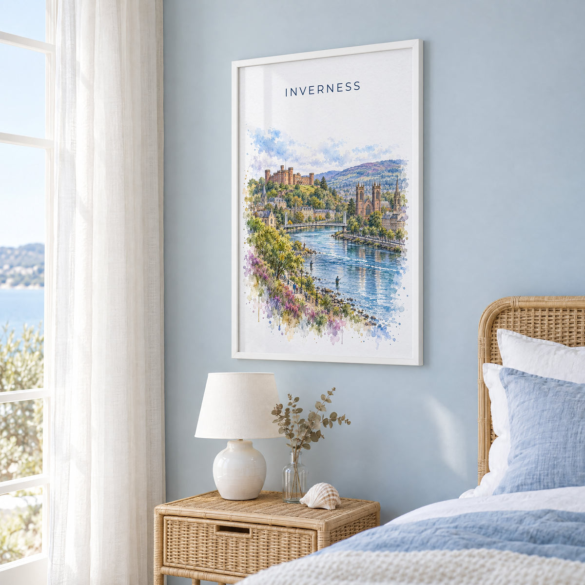 Inverness watercolor print in a white frame on a pale blue wall beside a rattan bed in a coastal bedroom