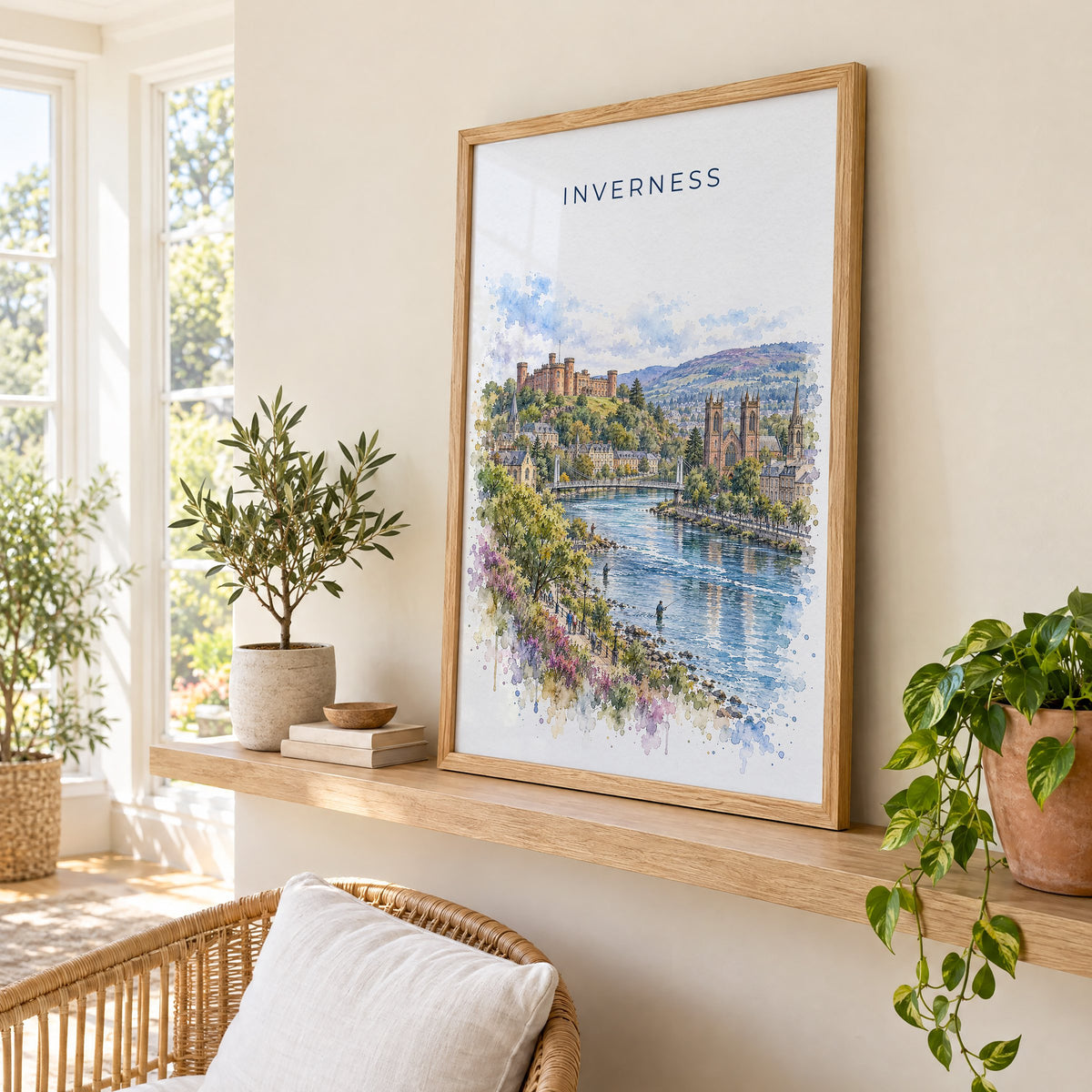 Inverness watercolor print in an oak frame on a picture ledge in a sunlit sunroom