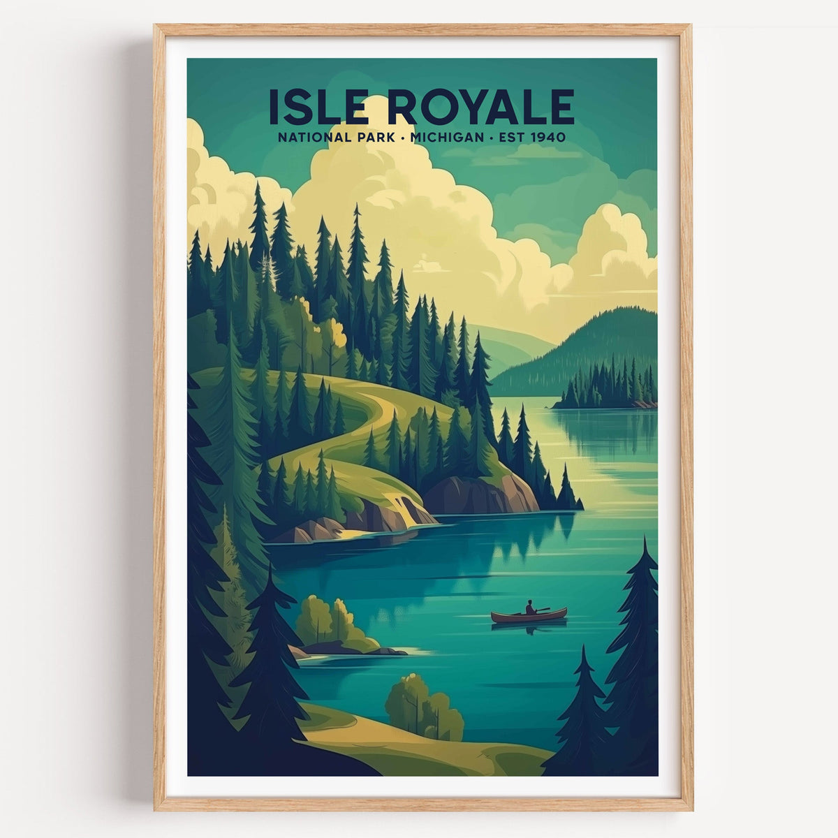 Isle Royale National Park illustrated print: a canoe on a spruce-lined bay, in an oak frame