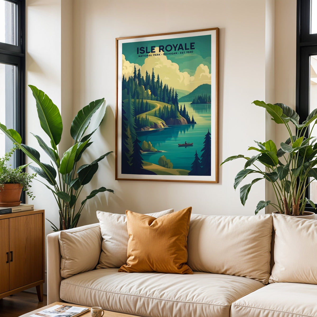 Isle Royale National Park print in an oak frame above a cream living room sofa with an ochre cushion