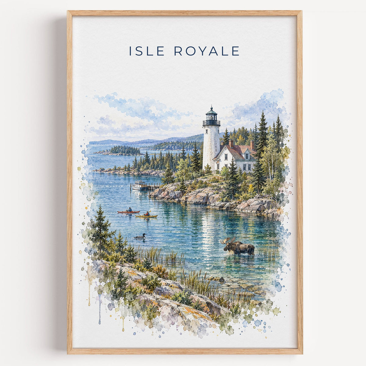 Isle Royale National Park watercolor print in a light oak frame on a plain white wall