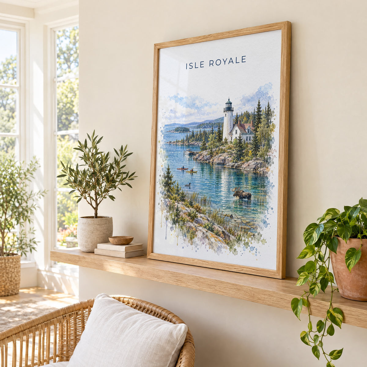 Isle Royale National Park watercolor print in an oak frame on a picture ledge in a sunlit sunroom