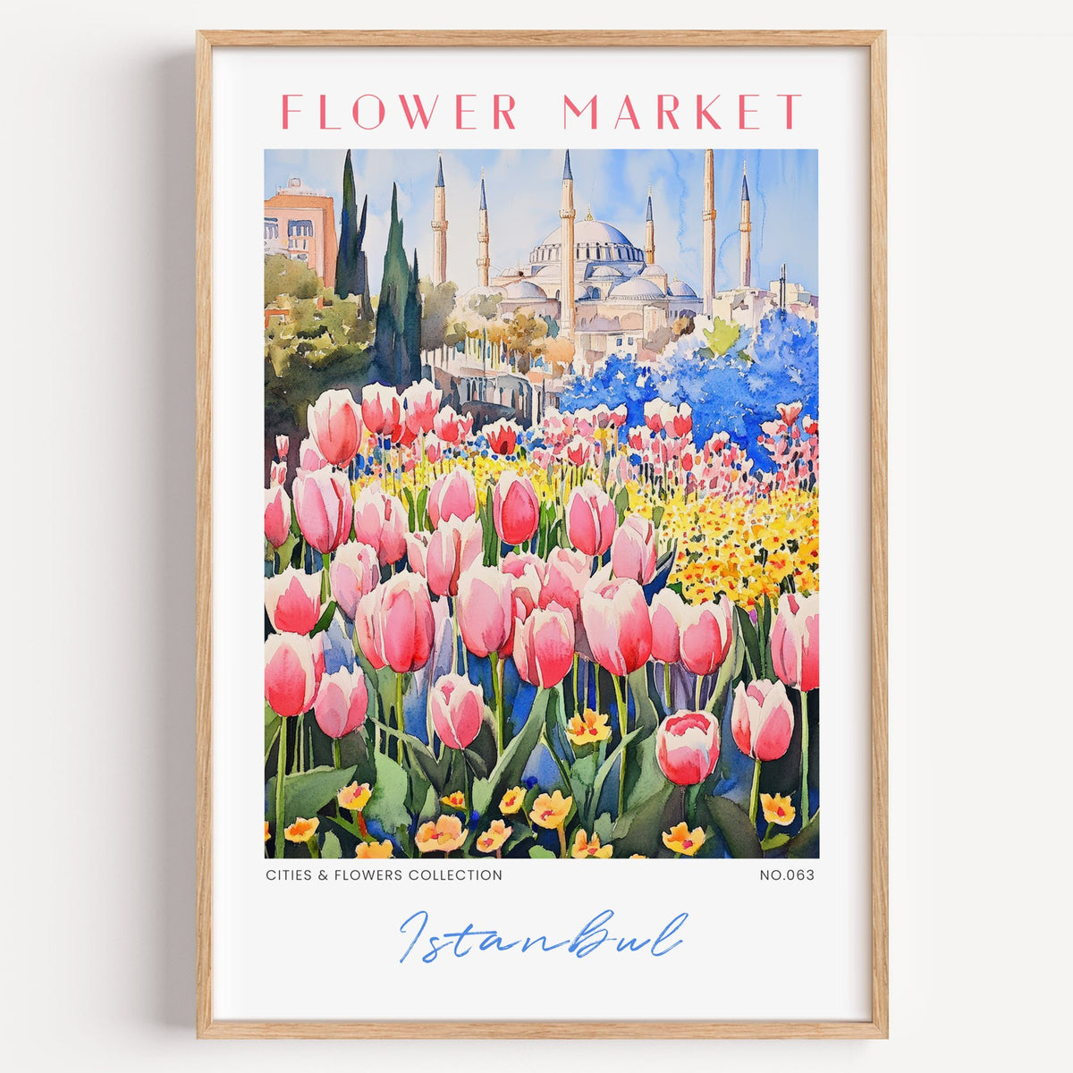 Istanbul flower market print in a light oak frame on a plain white wall