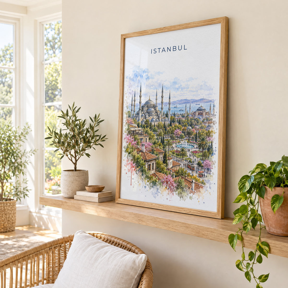 Istanbul watercolor print in an oak frame on a picture ledge in a sunlit sunroom