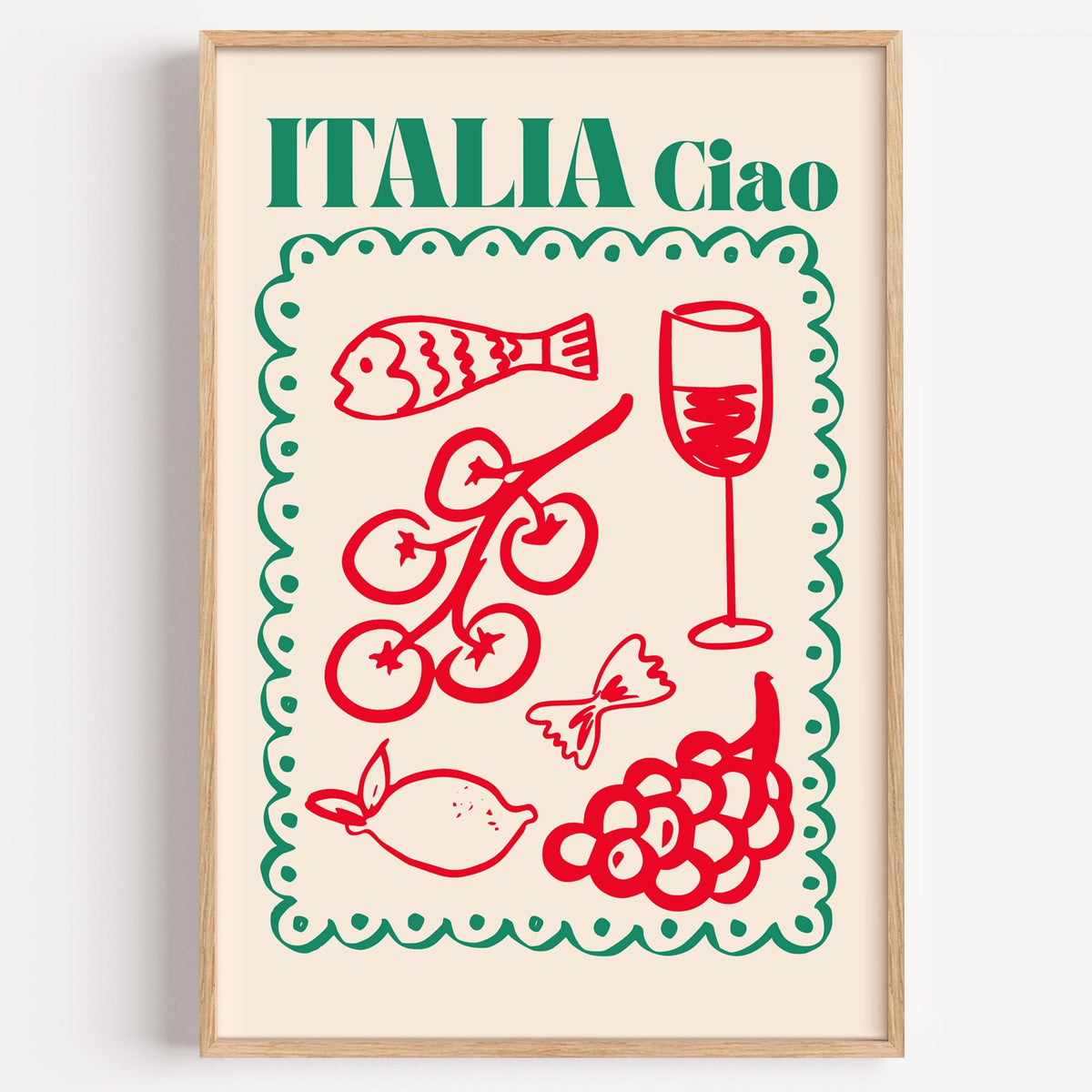 ITALIA Ciao red food doodles print in a light oak frame on a plain white wall