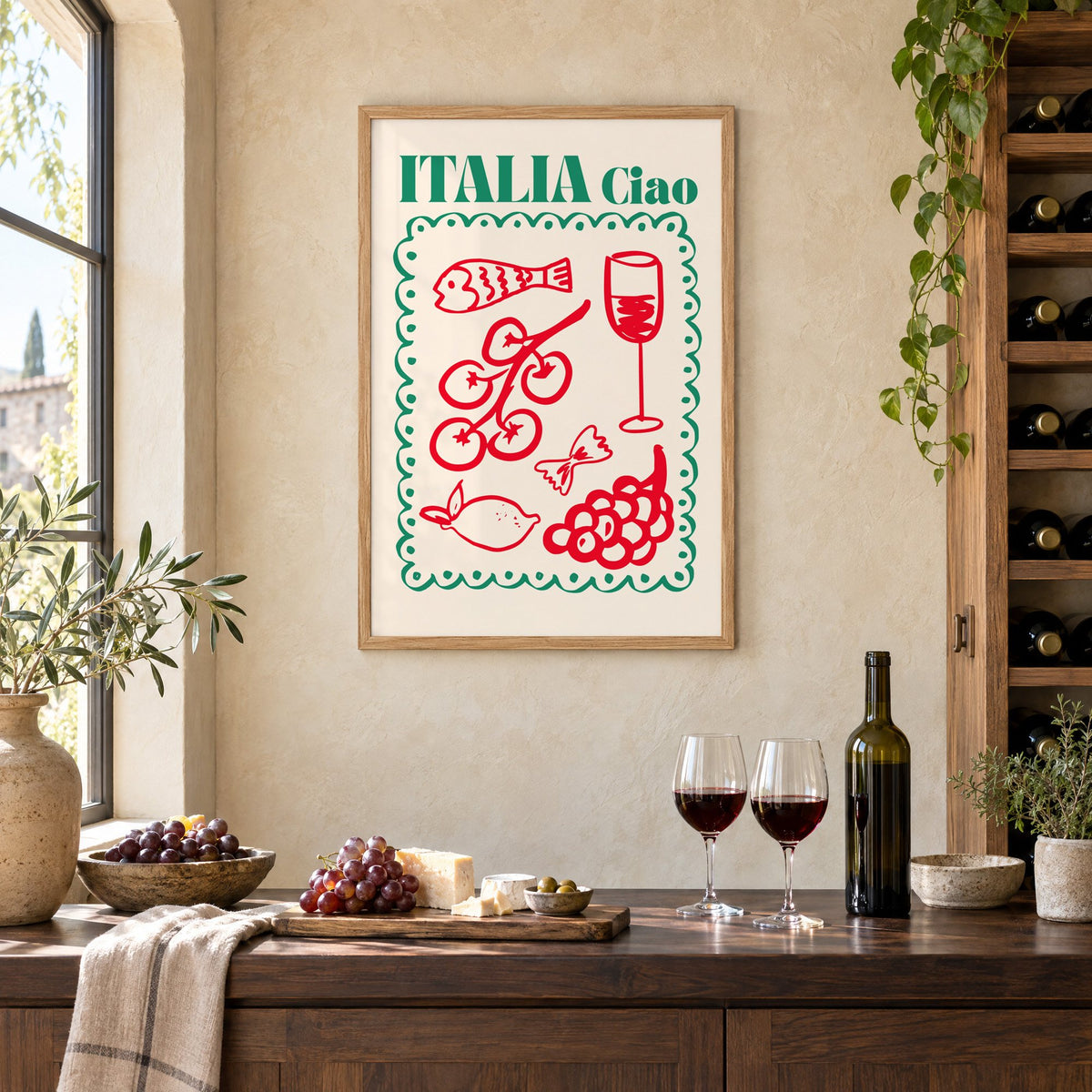 ITALIA Ciao red food doodles print in an oak frame on a limewashed wall above a wine counter with red wine, cheese and grapes