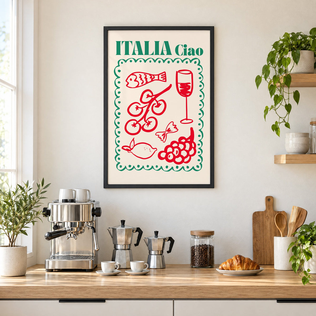 ITALIA Ciao red food doodles print in a black frame above a home espresso bar with moka pots and espresso cups