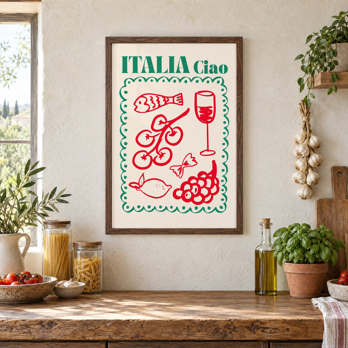 ITALIA Ciao red food doodles print in a walnut frame above a rustic Italian pantry counter with pasta jars, garlic and tomatoes