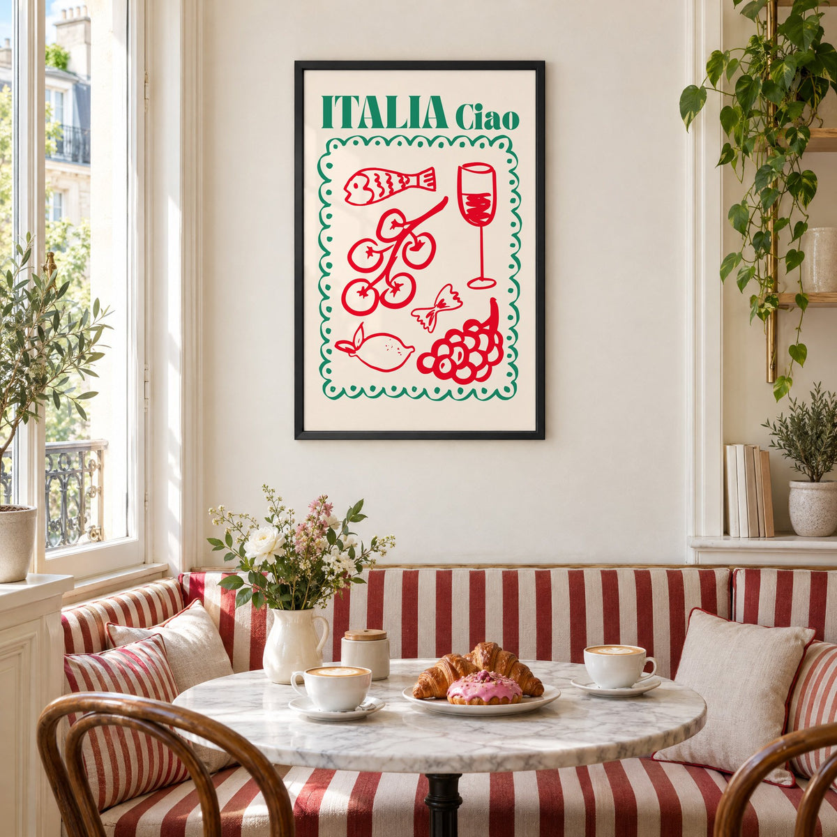 ITALIA Ciao red food doodles print in a black frame above a striped cafe breakfast nook with cappuccino and pastries