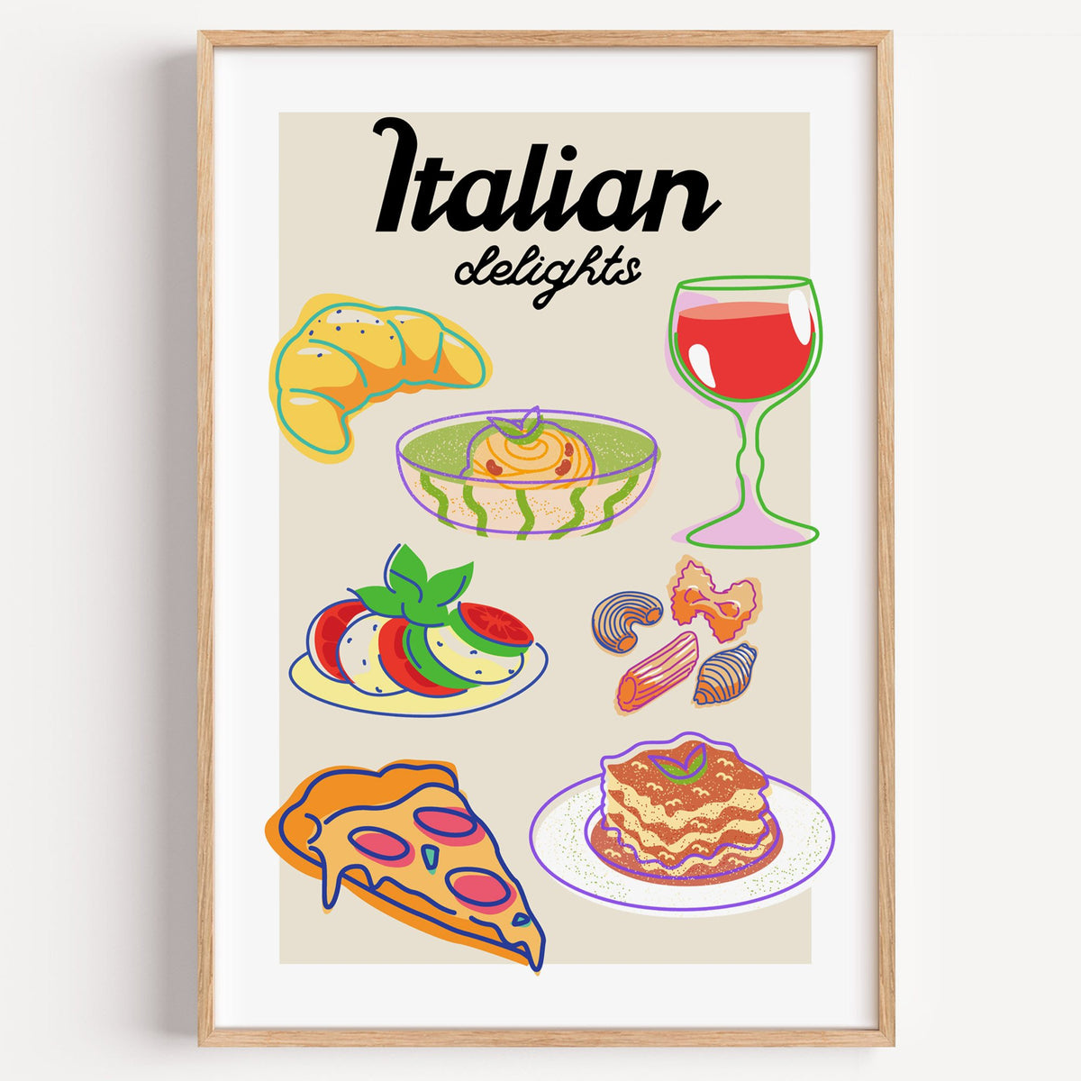 Italian delights colorful food doodle print in a light oak frame on a plain white wall