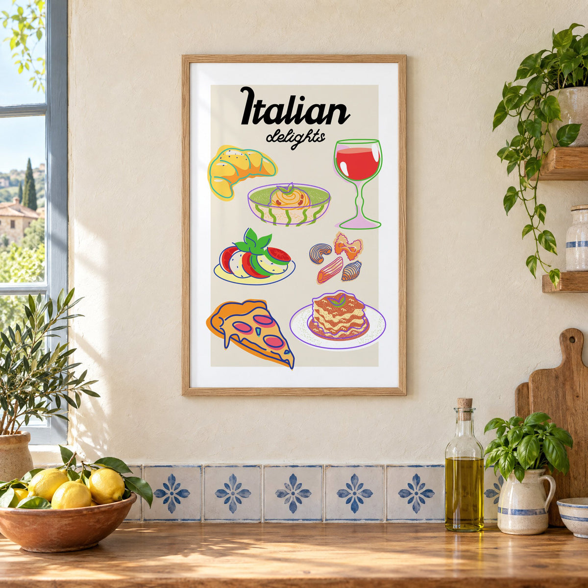Italian delights colorful food doodle print in an oak frame on a cream plaster wall above a worktop with a bowl of lemons and blue-and-white tiles