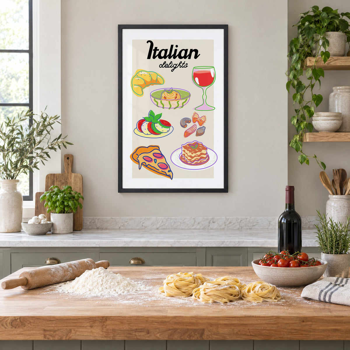 Italian delights colorful food doodle print in a black frame above a butcher-block island with fresh pasta, flour and cherry tomatoes