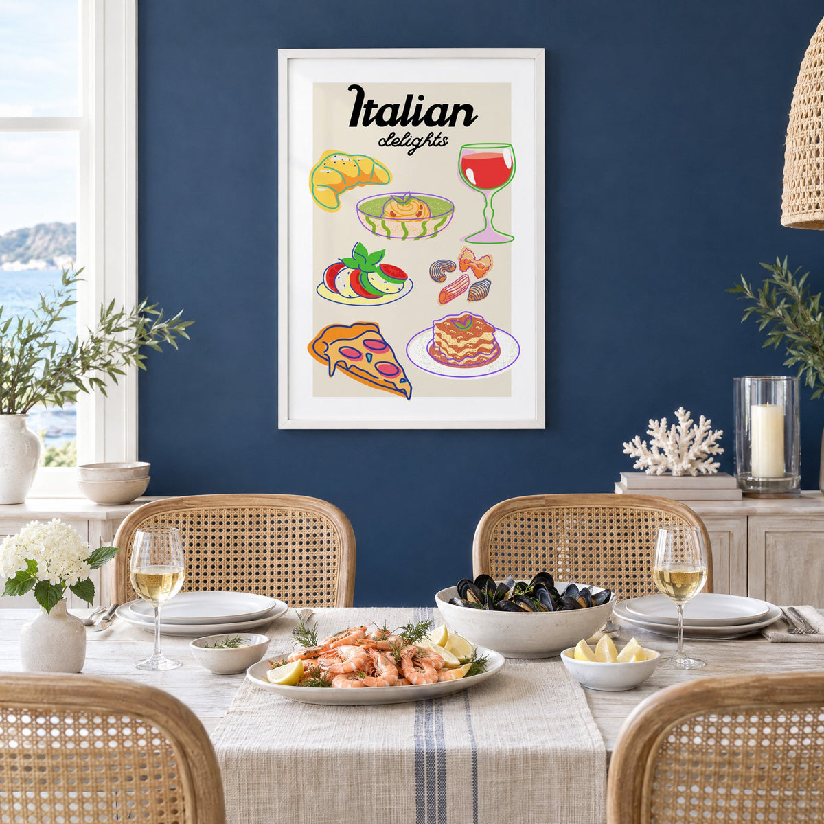 Italian delights colorful food doodle print in a white frame on a navy wall above a dining table set with shrimp and mussels
