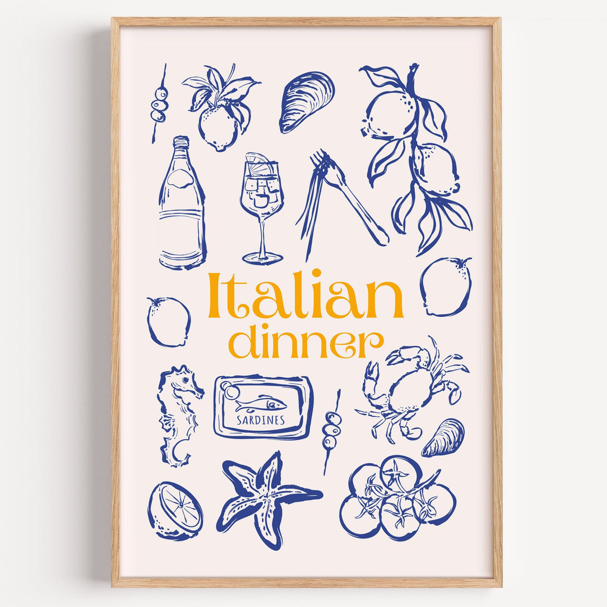 Italian dinner blue doodle print in a light oak frame on a plain white wall