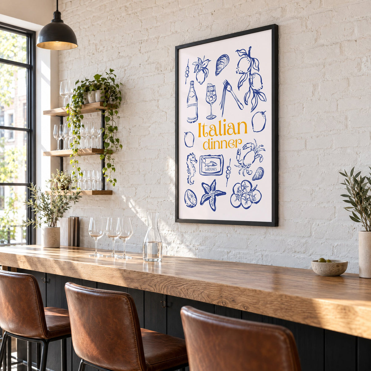 Italian dinner blue doodle print in a black frame on a white brick wall above a wine bar counter