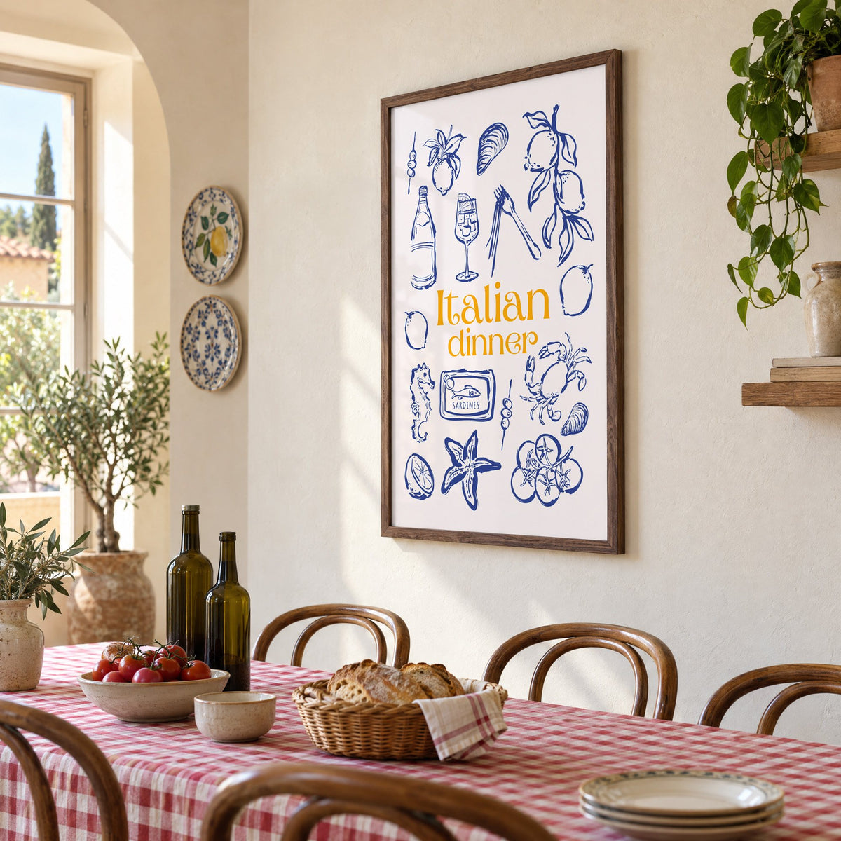 Italian dinner blue doodle print in a walnut frame above a gingham-covered trattoria table, seen at an angle
