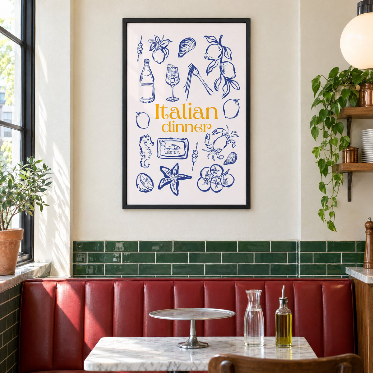 Italian dinner blue doodle print in a black frame above a red leather booth in a sunny pizzeria