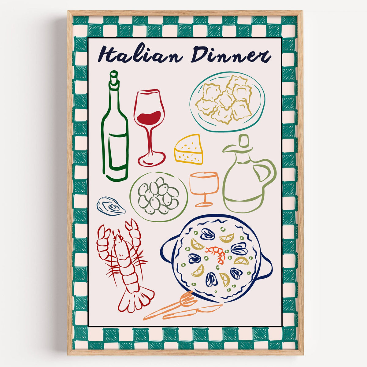Italian Dinner gingham doodle print in a light oak frame on a plain white wall