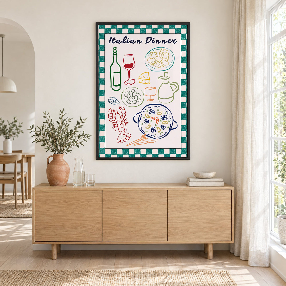 Italian Dinner gingham doodle print in a black frame above an oak sideboard with a terracotta vase of olive branches