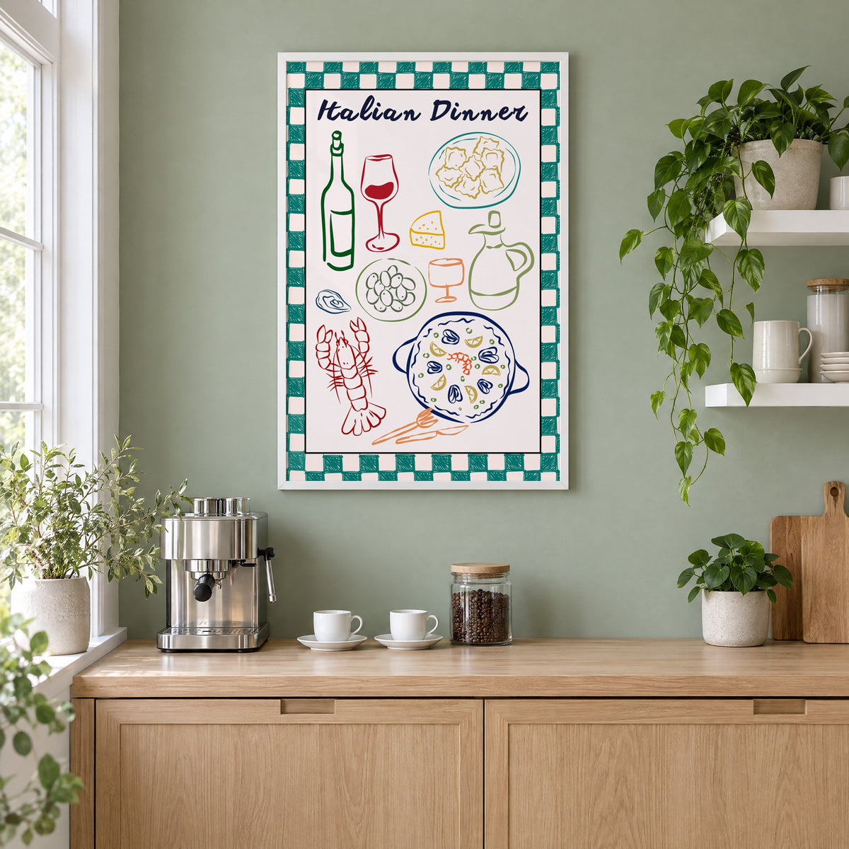 Italian Dinner gingham doodle print in a white frame on a sage green coffee nook wall above an espresso machine