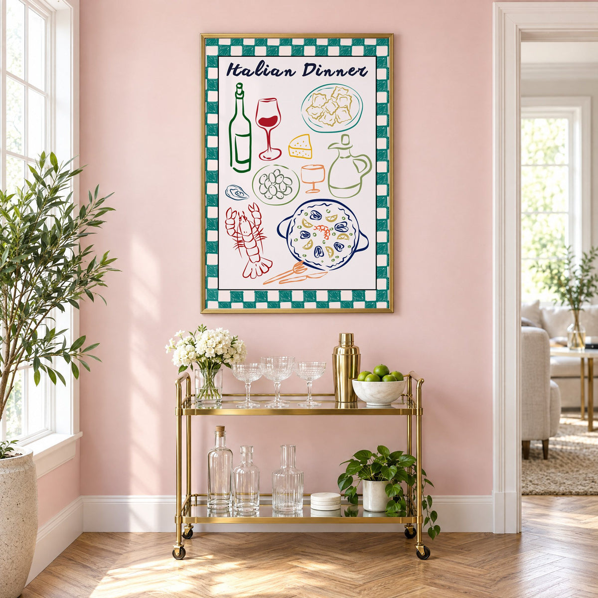 Italian Dinner gingham doodle print in a brass frame above a gold bar cart on a blush pink wall