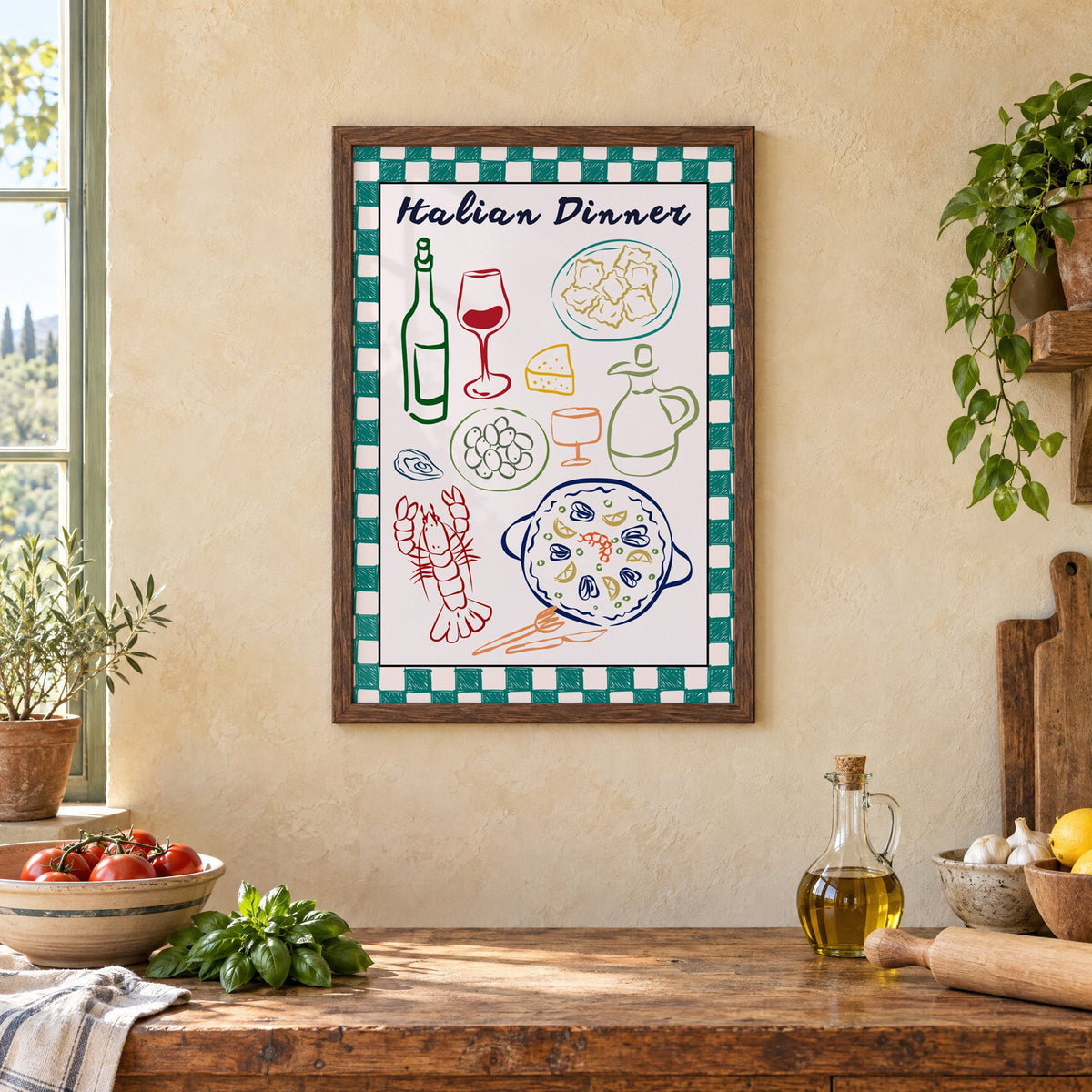 Italian Dinner gingham doodle print in a walnut frame above a rustic Italian kitchen table with tomatoes