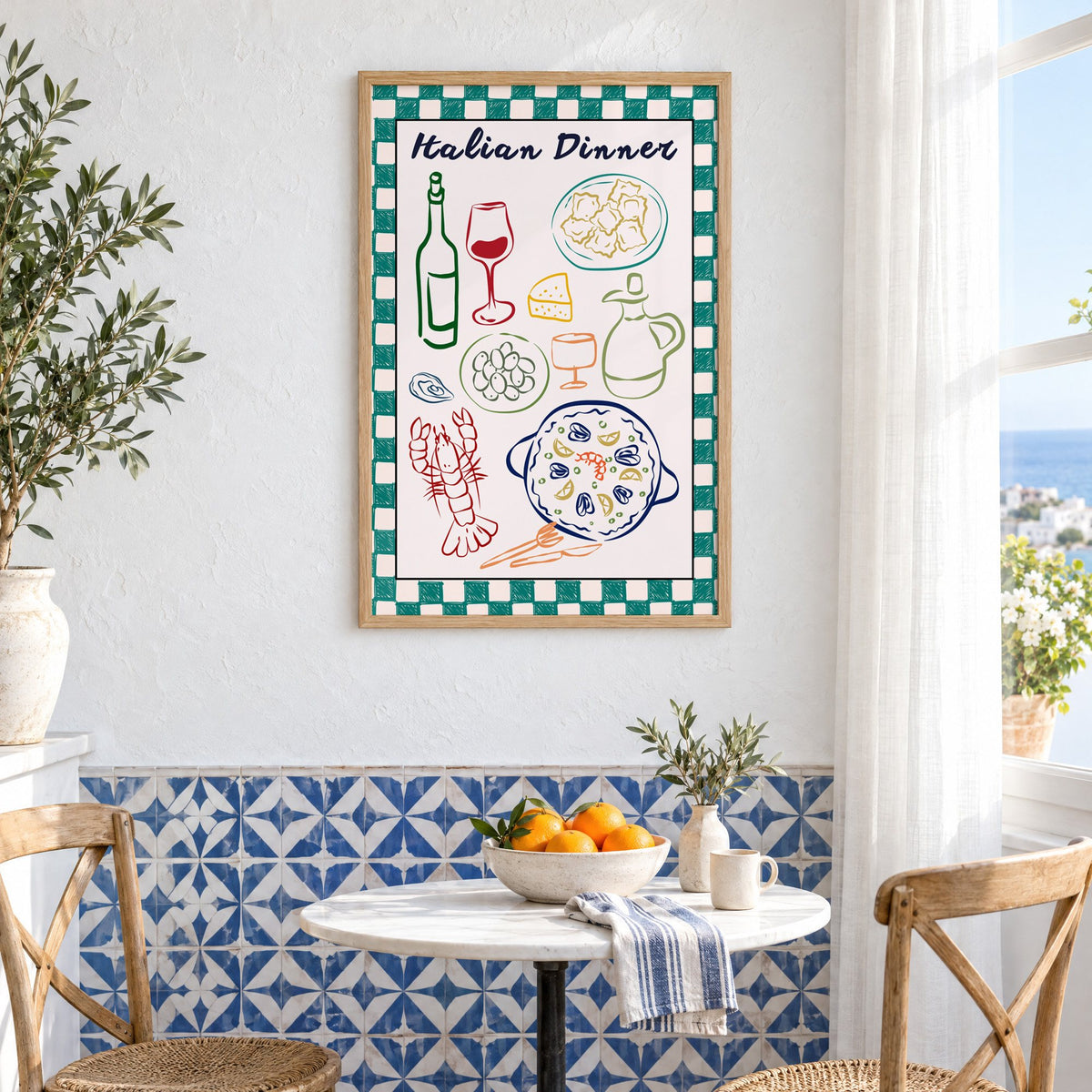Italian Dinner gingham doodle print in an oak frame above a bistro table and blue patterned tiles