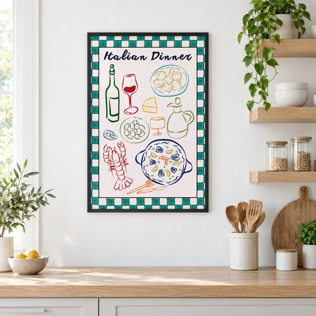 Italian Dinner gingham doodle print in a black frame in a white kitchen beside open wood shelves and glass jars