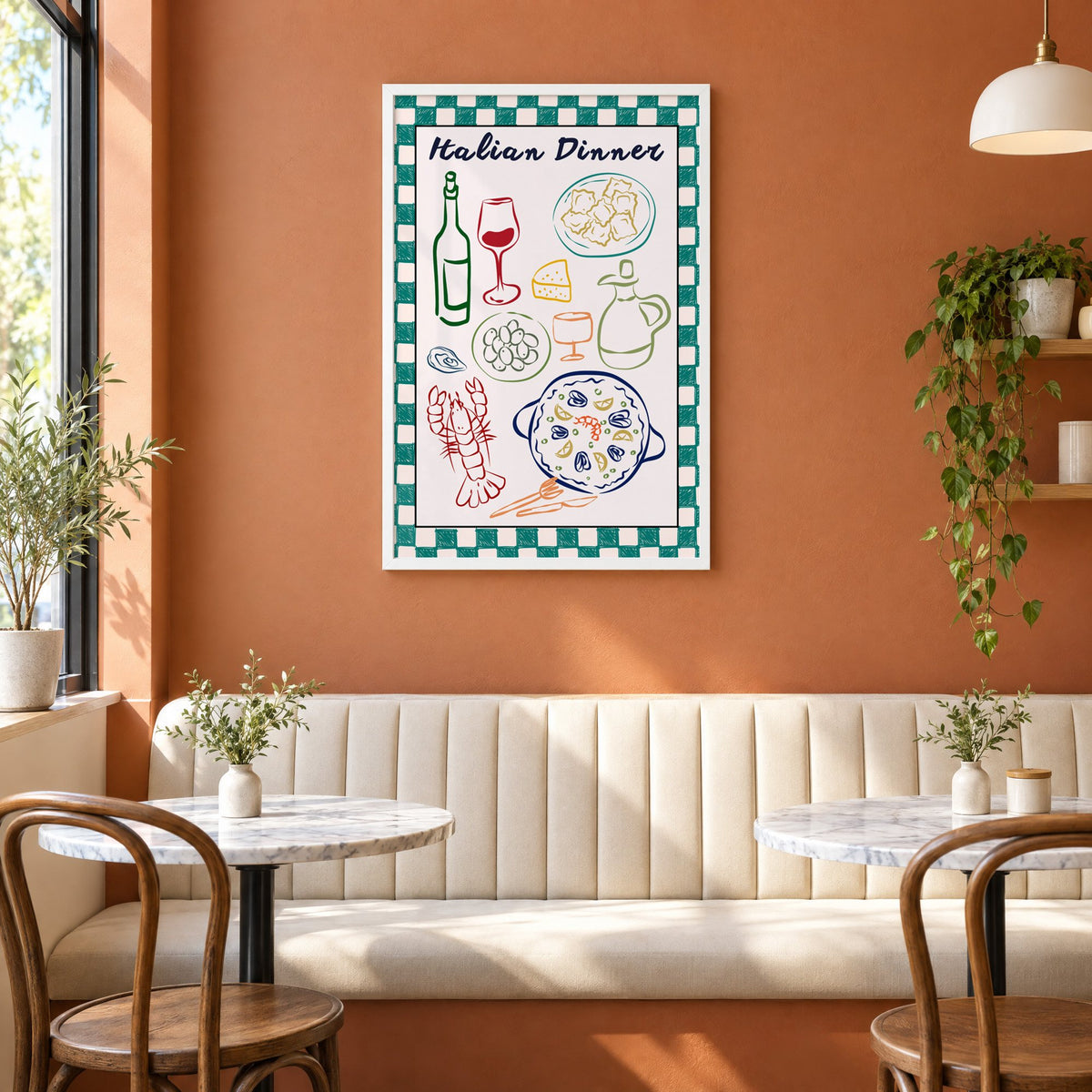Italian Dinner gingham doodle print in a white frame above a cream banquette on a terracotta cafe wall